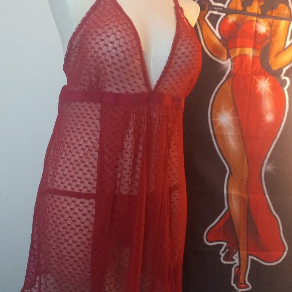 Mesh Printed Babydoll w/G-String Red 2X/3X (RED)